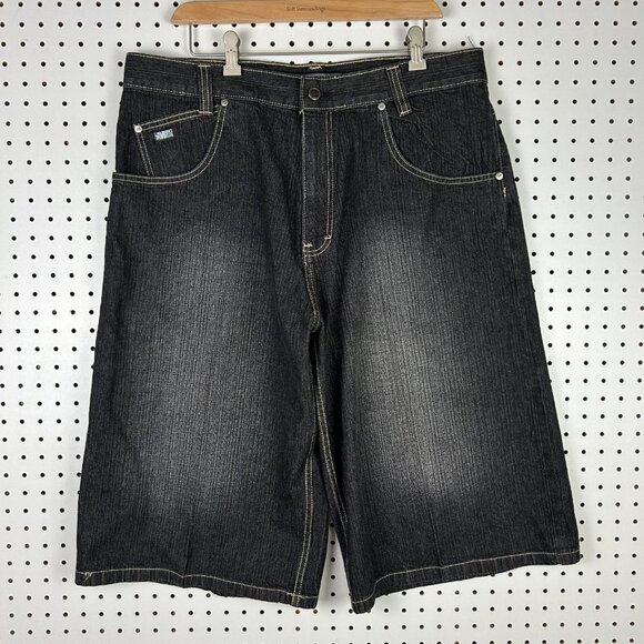 Mecca Gothic Black Jean Shorts 38 Skater Wide Leg Baggy Patch SOUTHPOLE STYLE - Picture 4 of 7